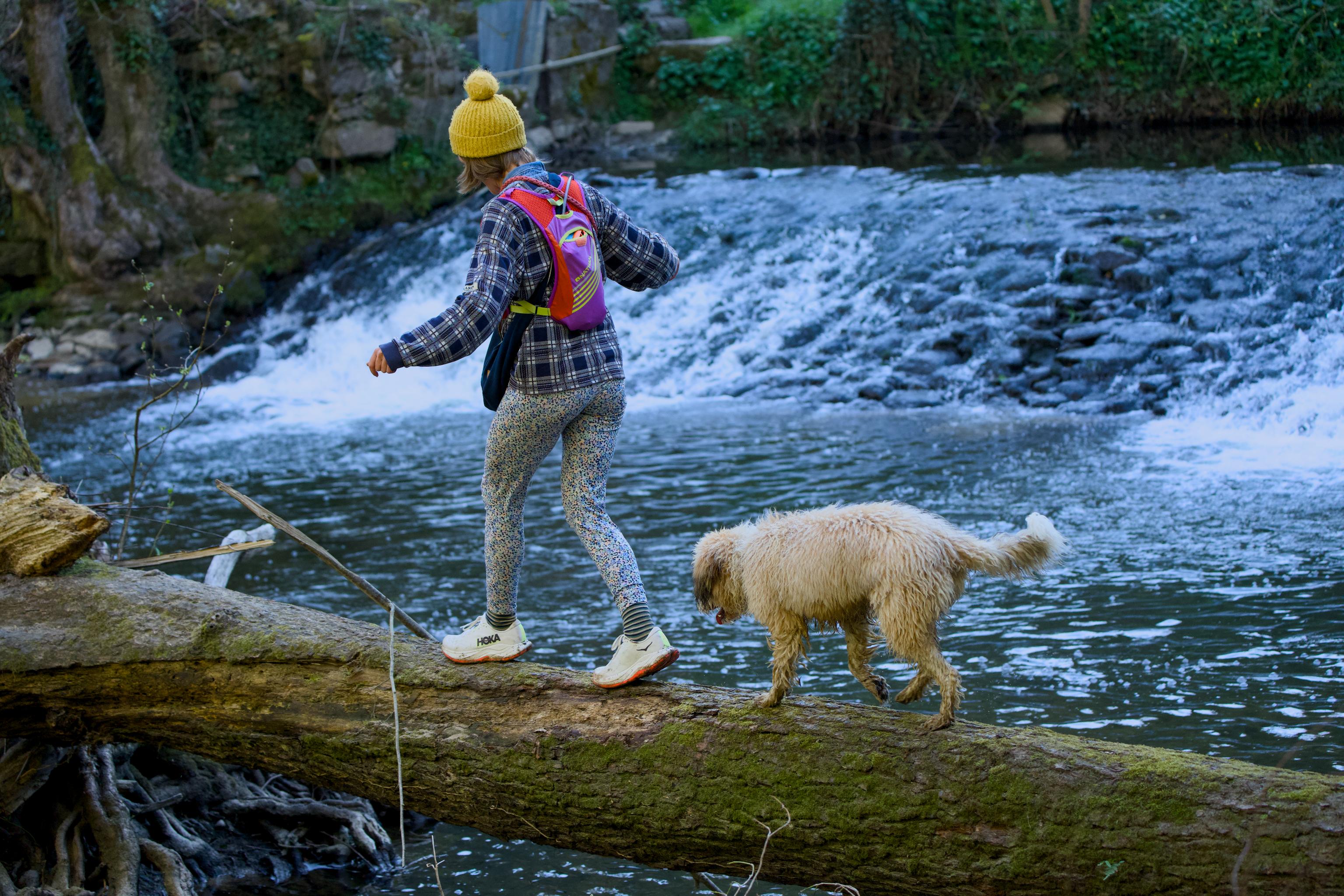 Pet-sitteuse se promenant avec son chien et marchant sur un tronc d'arbre
